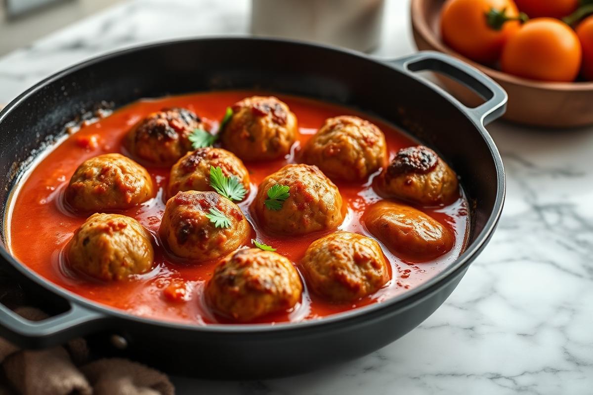 Almôndegas de Frango Sem Glúten e Sem Açúcar Almôndegas de frango sem glúten em frigideira com molho de tomate caseiro e salsinha