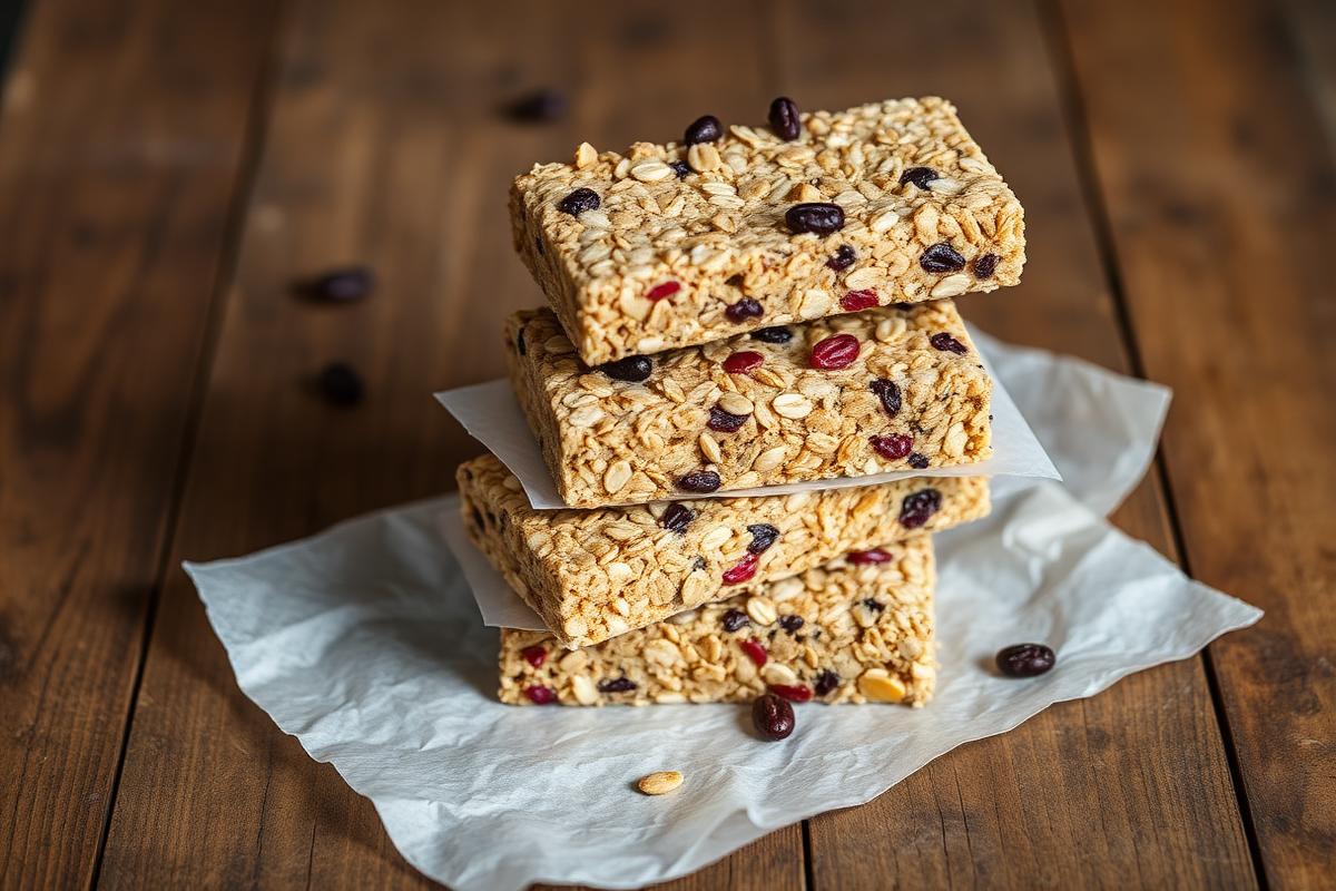 Barrinha de Cereal Caseira Sem Açúcar e Sem Glúten Barrinhas de cereal caseiras sem açúcar empilhadas sobre papel-manteiga em mesa de madeira