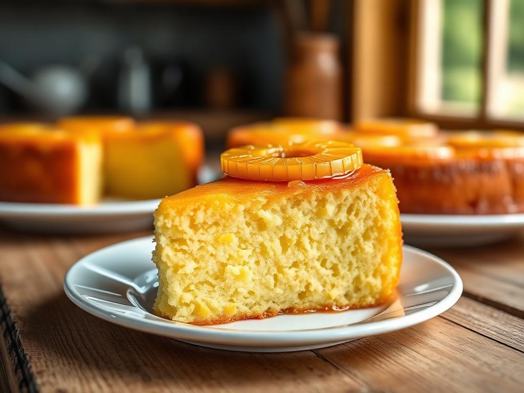Bolo de Abacaxi Sem Açúcar e Sem Glúten Fatia de bolo de abacaxi sem açúcar e sem glúten com calda da fruta por cima