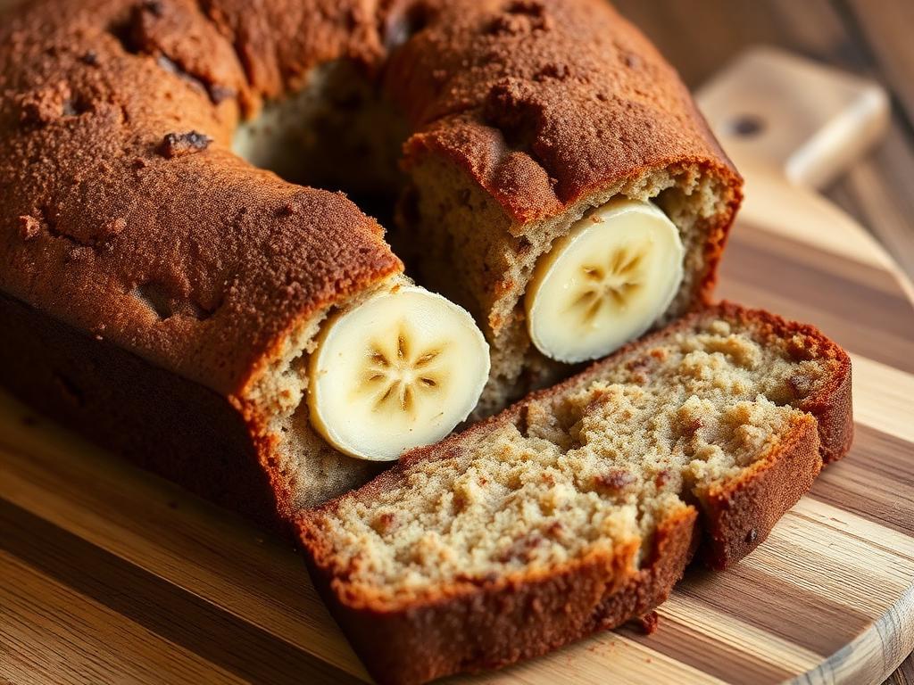 Bolo de Banana Sem Açúcar e Sem Glúten Bolo de banana sem açúcar e sem glúten fatiado com canela e rodelas de banana