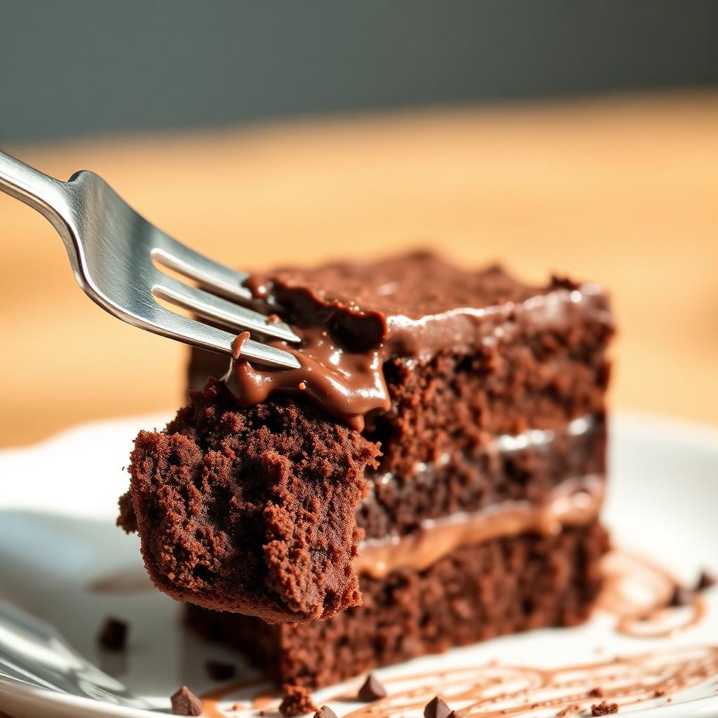 Bolo de Brigadeiro Super Fácil Sem Açúcar e Sem Glúten Fatia de bolo de brigadeiro sem açúcar e sem glúten com recheio cremoso de chocolate