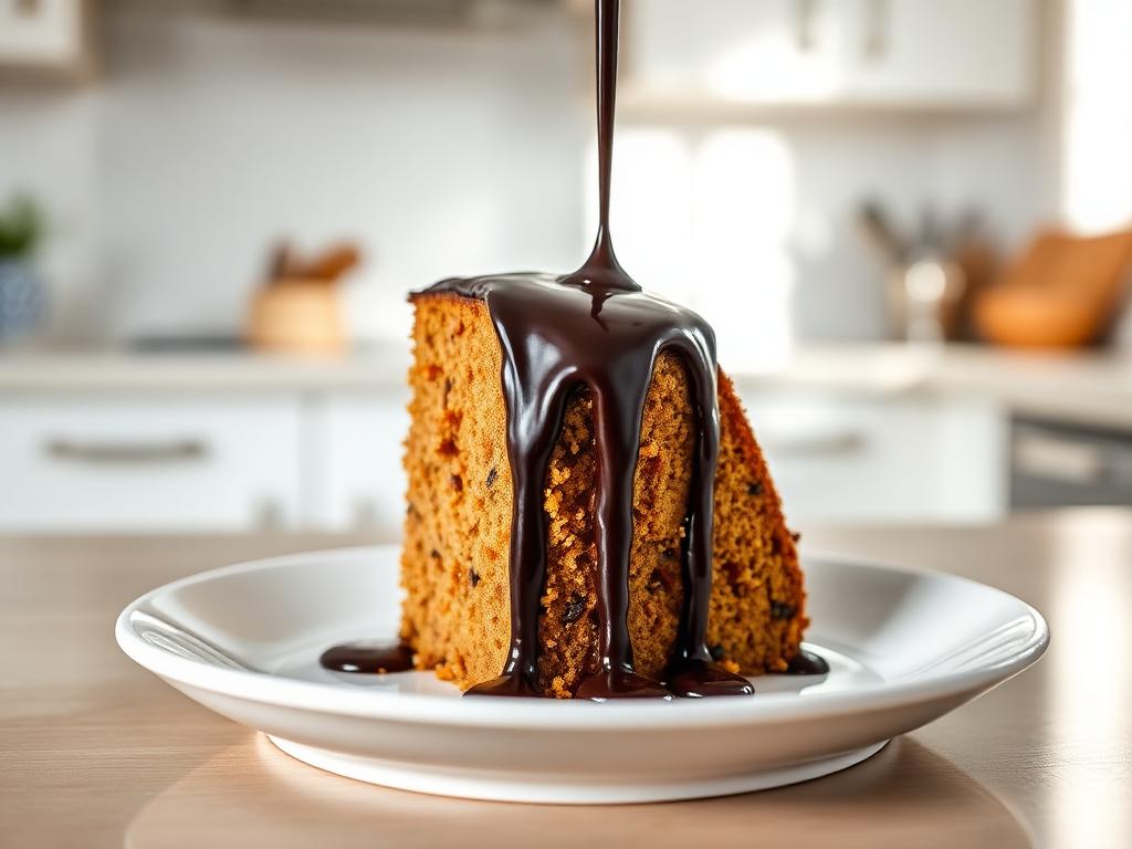 Bolo de Cenoura Fit Sem Açúcar e Sem Glúten Fatia de bolo de cenoura fit sem açúcar e sem glúten com cobertura de chocolate escorrendo