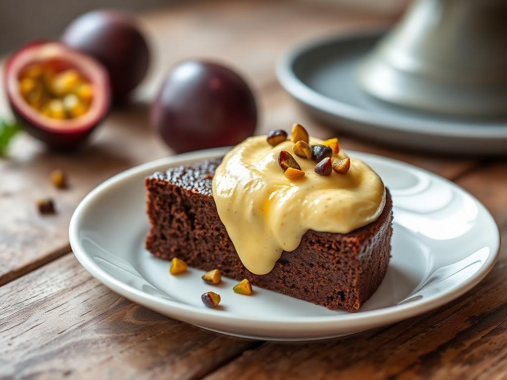 Bolo de Chocolate com Mousse de Maracujá Sem Açúcar e Sem Glúten Fatia de bolo de chocolate com mousse de maracujá sem açúcar e sem glúten em prato branco