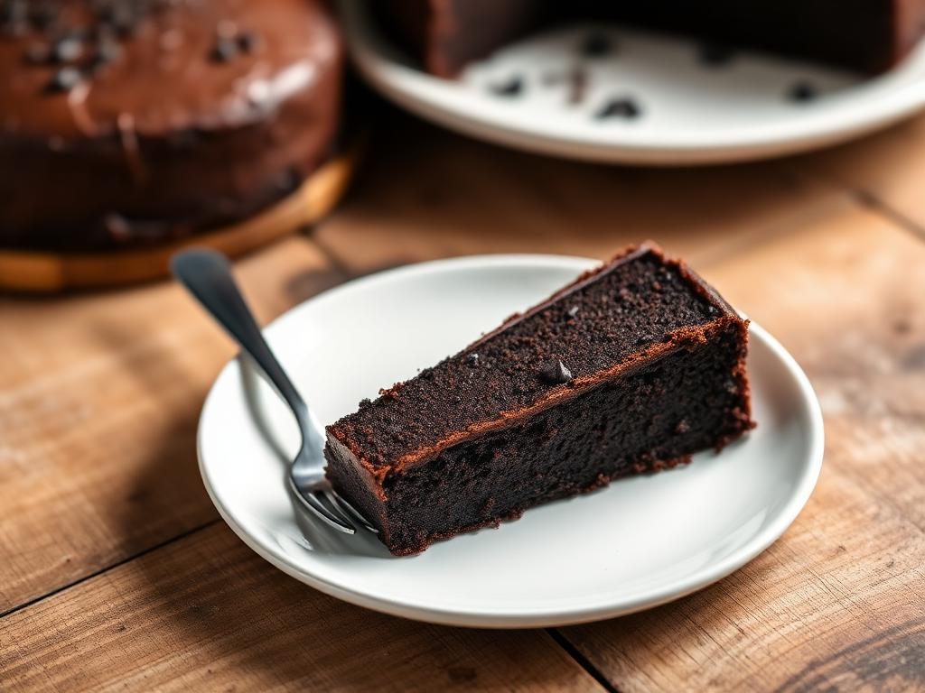 Bolo de Chocolate Simples Sem Açúcar e Sem Glúten Fatia de bolo de chocolate simples sem açúcar e sem glúten em prato branco