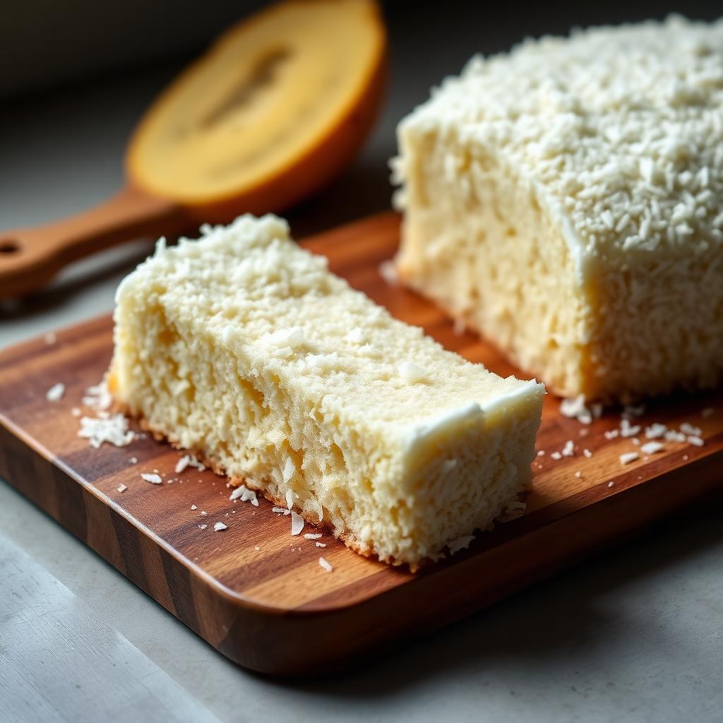 Bolo Gelado de Coco Sem Açúcar e Sem Glúten Fatia de bolo gelado de coco sem açúcar e sem glúten coberta com coco ralado