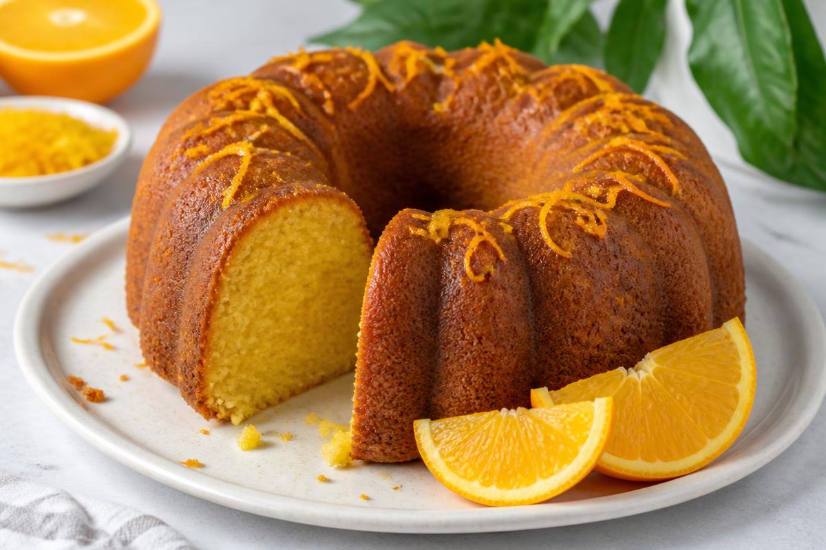 Bolo de Laranja Sem Açúcar e Sem Glúten Fofinho Bolo de laranja sem açúcar e sem glúten com fatia cortada, raspas e gomos de laranja ao lado