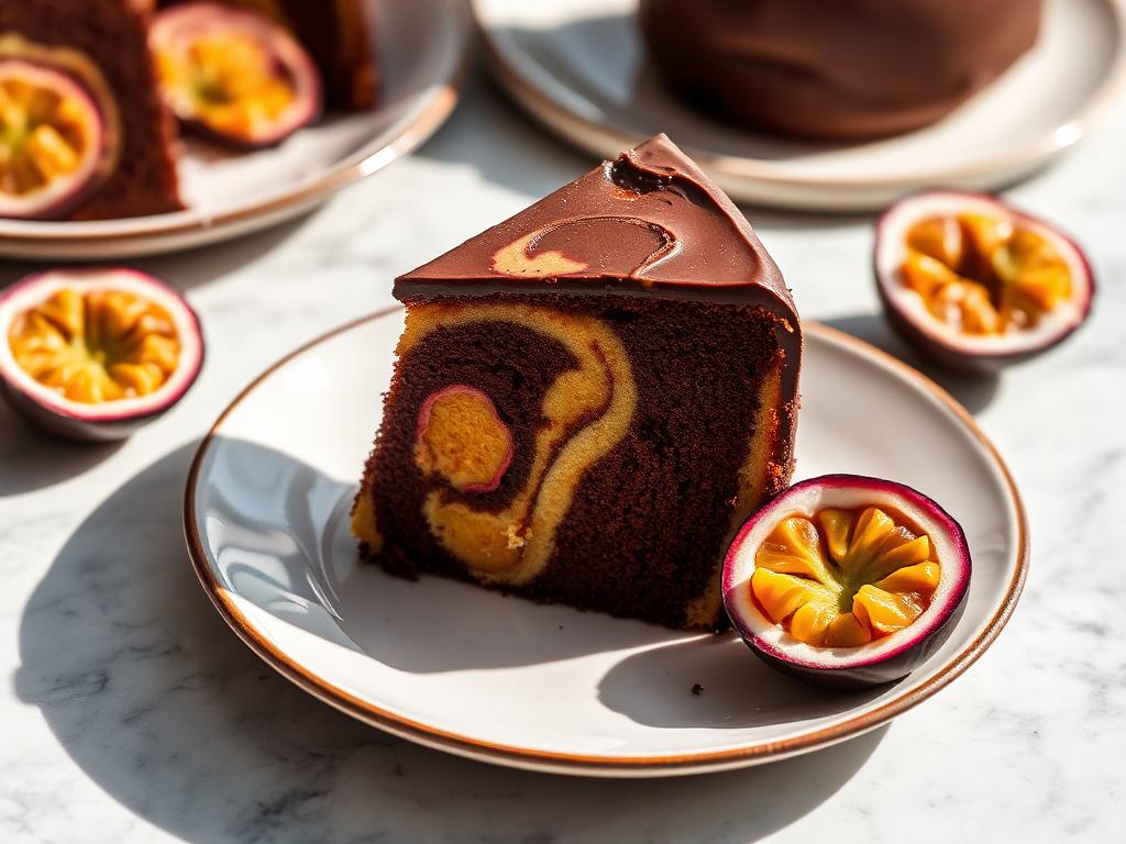 Bolo de Maracujá e Chocolate Sem Açúcar e Sem Glúten Fatia de bolo marmorizado de maracujá e chocolate sem açúcar e sem glúten em prato branco