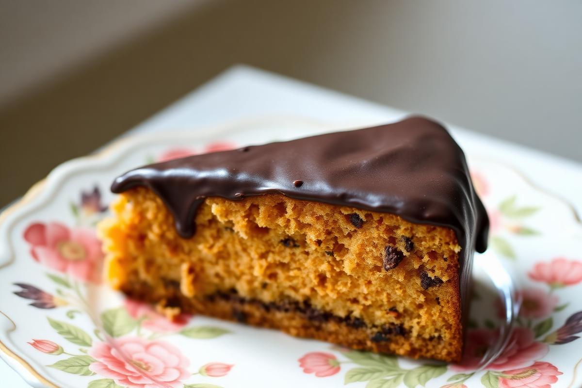 Bolo Trufado de Cenoura com Chocolate Sem Açúcar e Sem Glúten Fatia de bolo trufado de cenoura sem açúcar e sem glúten com recheio de brigadeiro e cobertura de chocolate