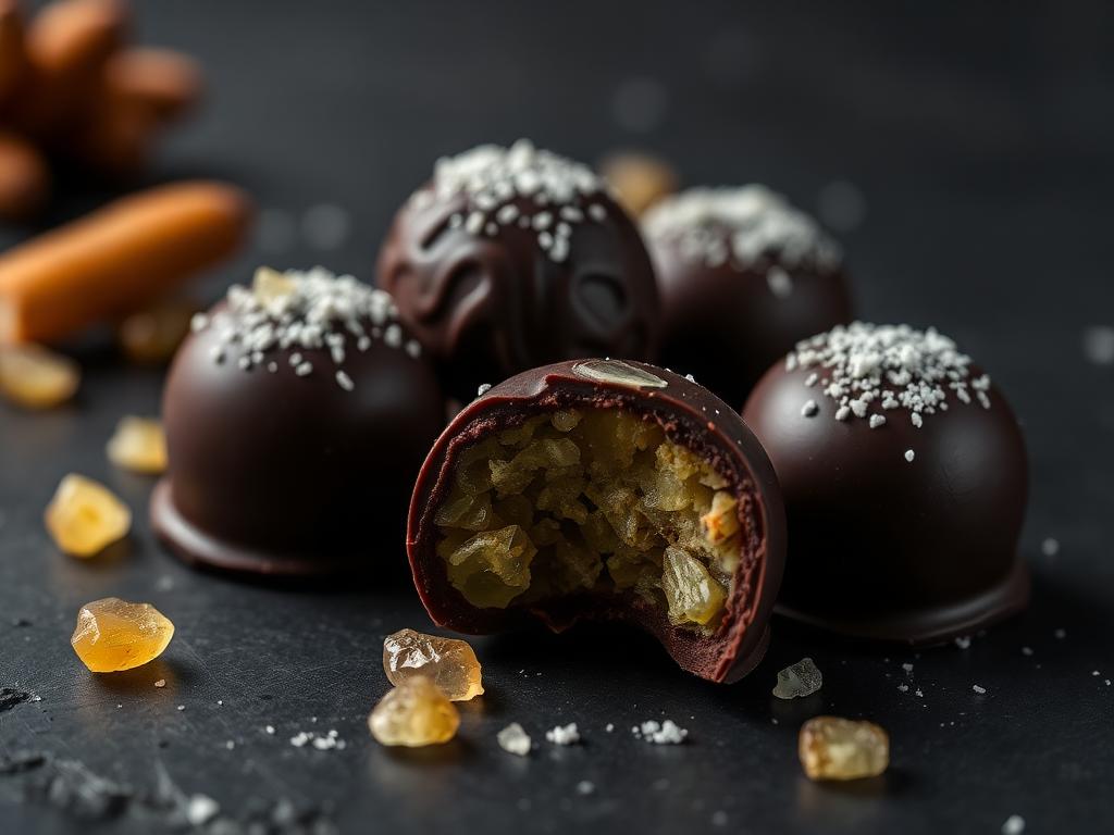 Bombom com Gengibre Sem Açúcar e Sem Glúten Bombons de chocolate com gengibre sem açúcar e sem glúten, um deles cortado mostrando o recheio