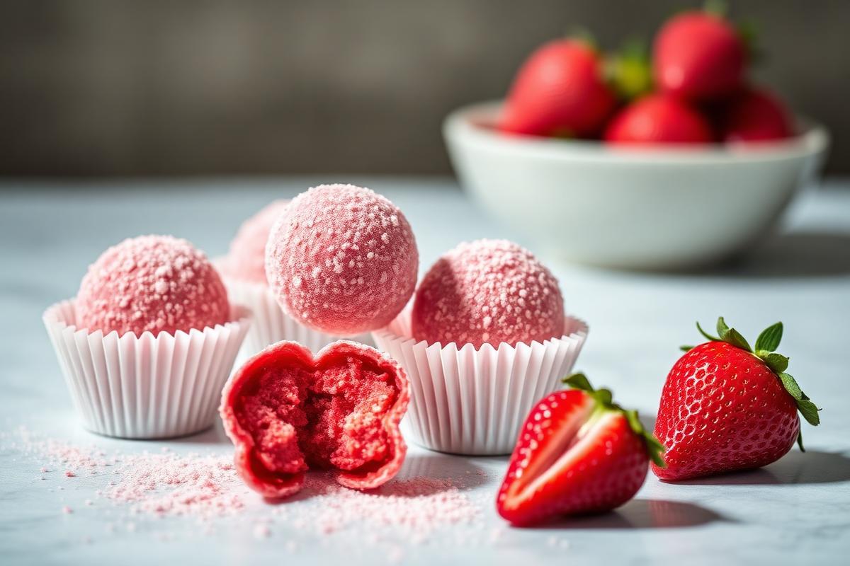 Brigadeiro de Morango Sem Açúcar e Sem Glúten Brigadeiros de morango sem açúcar rosados em forminhas brancas ao lado de morangos frescos