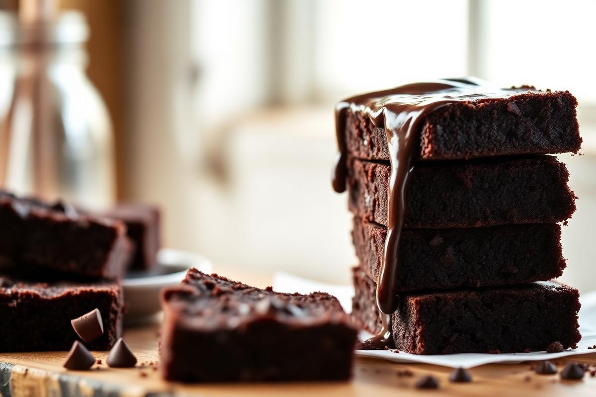 Brownie Cremoso de Chocolate 80% Sem Açúcar e Sem Glúten Fatias empilhadas de brownie cremoso sem açúcar e sem glúten com chocolate derretido escorrendo