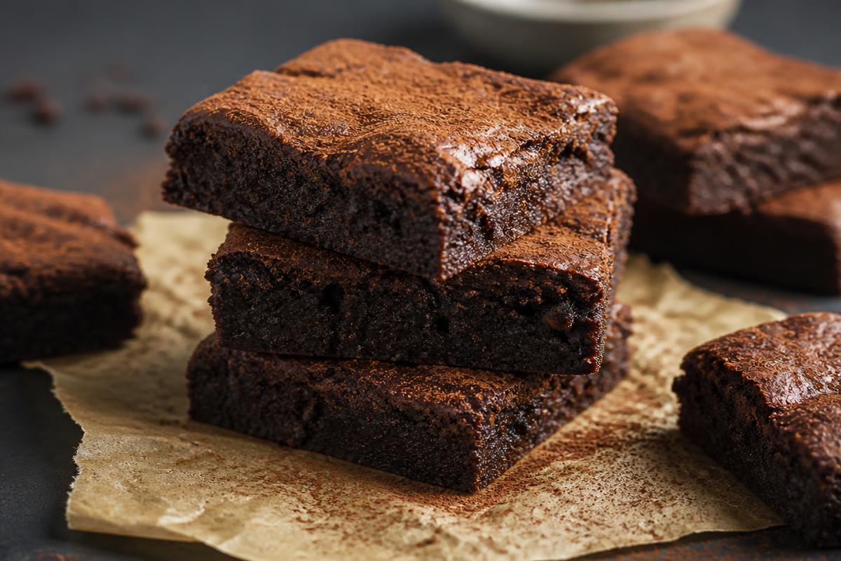 Brownie Sem Açúcar e Sem Glúten Superúmido Pedaços de brownie sem açúcar e sem glúten empilhados sobre papel manteiga, com topo craquelado