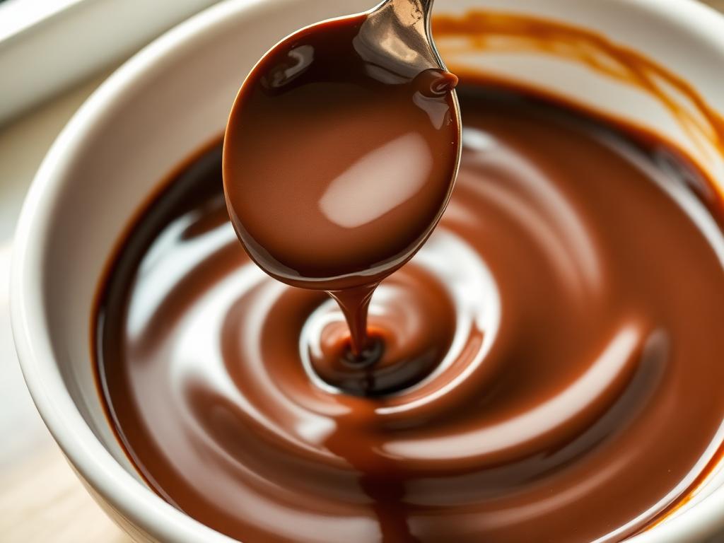 Calda de Chocolate para Bolos Sem Açúcar e Sem Glúten Calda de chocolate sem açúcar e sem glúten cremosa sendo levantada por uma colher