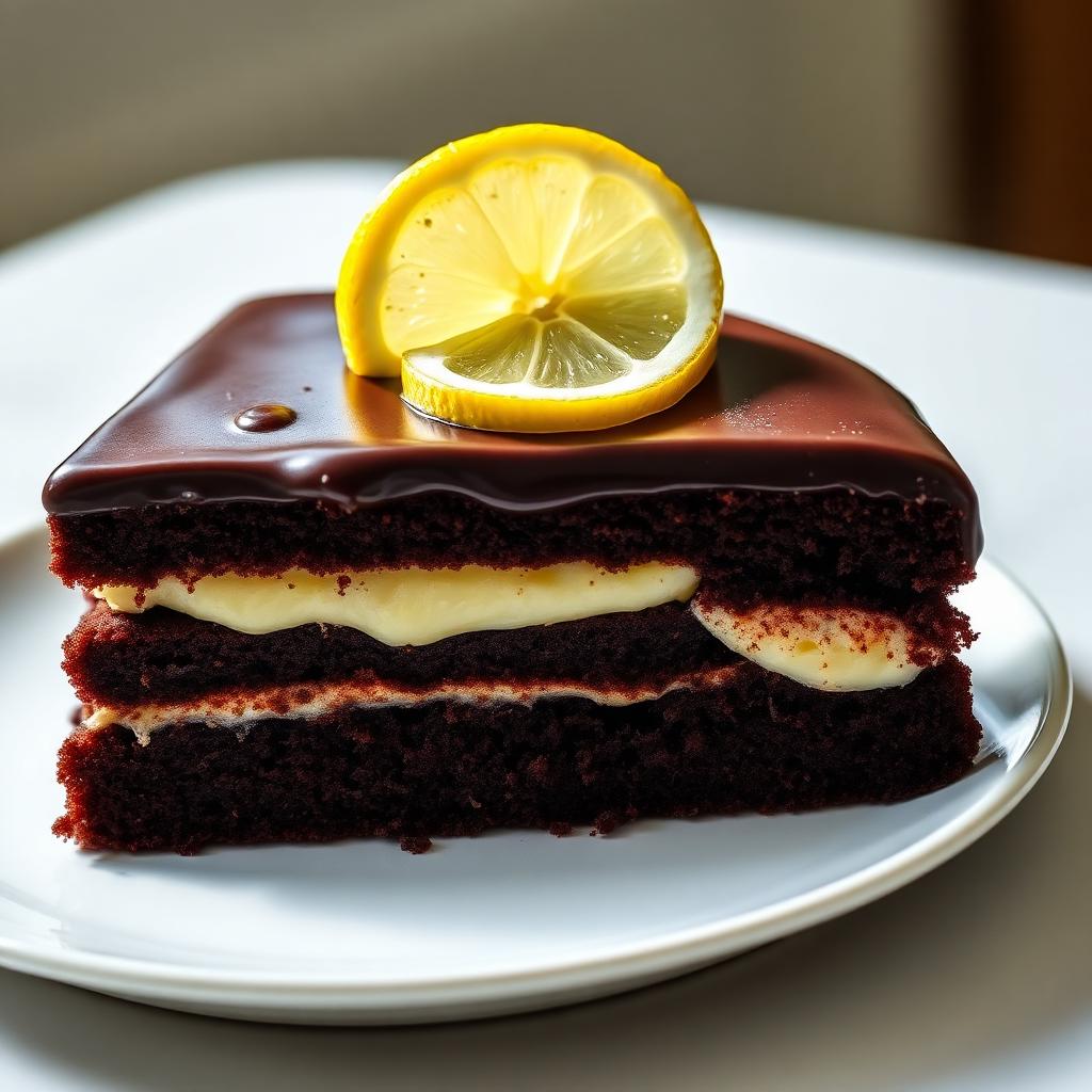 Bolo de Chocolate e Limão Sem Açúcar e Sem Glúten Fatia de bolo de chocolate com mousse de limão sem açúcar e sem glúten