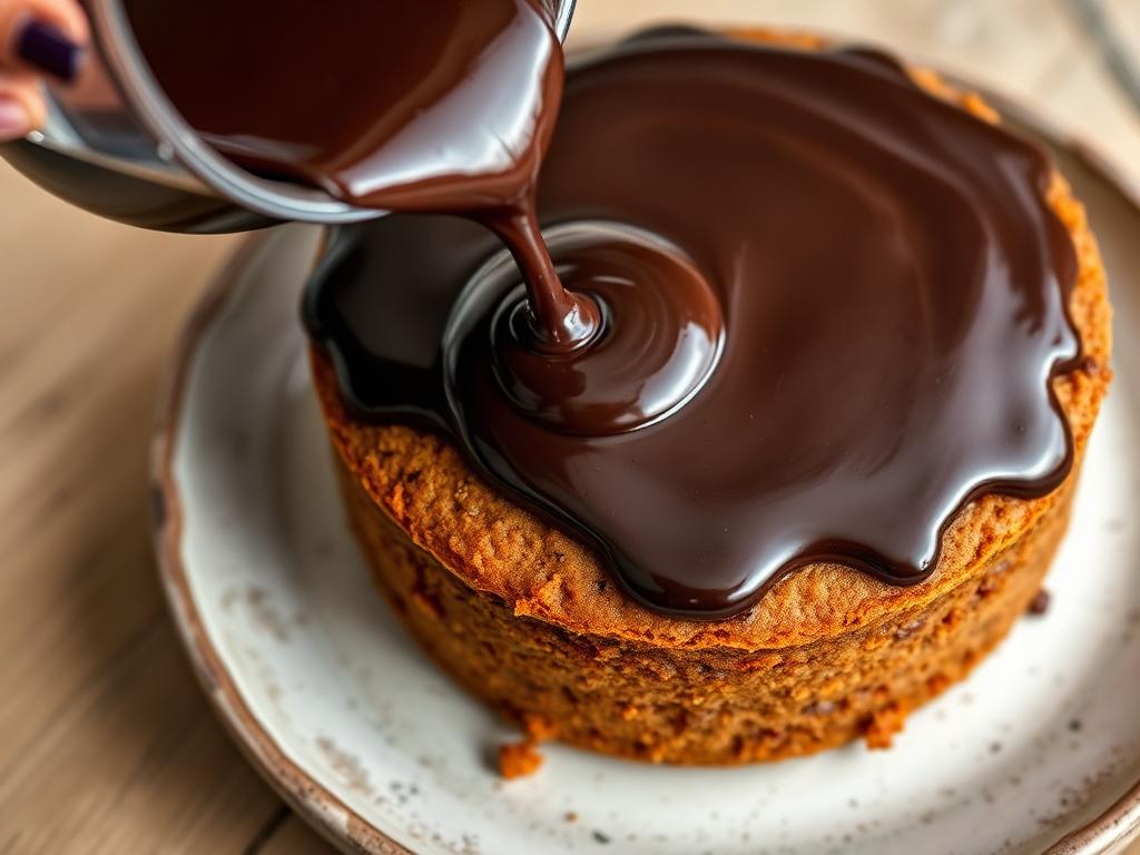 Cobertura de Chocolate para Bolo de Cenoura Sem Açúcar Cobertura de chocolate sem açúcar sendo derramada sobre bolo de cenoura sem glúten