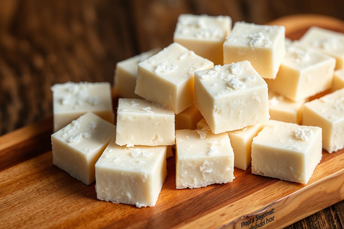 Cocadinha Low Carb Sem Açúcar e Sem Glúten Quadradinhos de cocadinha low carb sem açúcar e sem glúten sobre tábua de madeira
