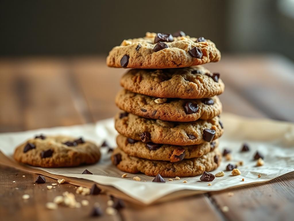 Cookies de Chocolate Sem Açúcar e Sem Glúten Pilha de cookies de chocolate sem açúcar e sem glúten com pedaços de chocolate 80% cacau