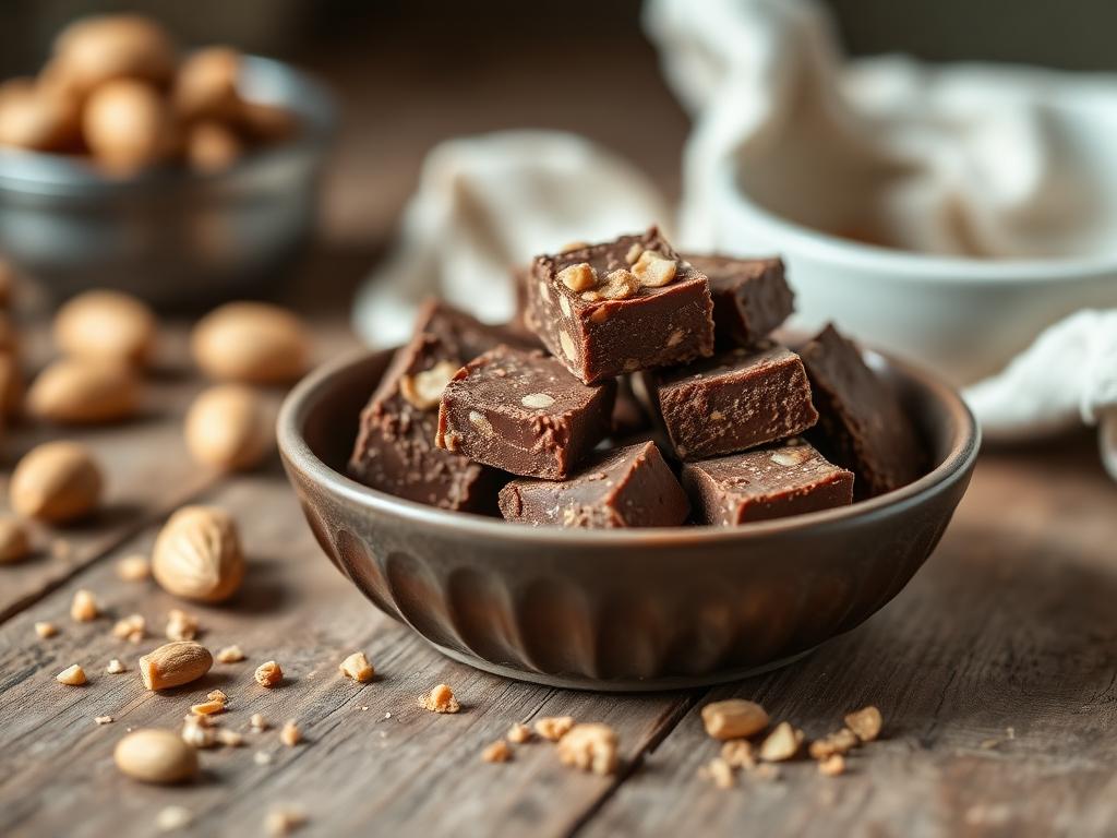 Doce de Amendoim Sem Açúcar e Sem Glúten Pedaços de doce de amendoim sem açúcar e sem glúten com cacau em uma tigela rústica