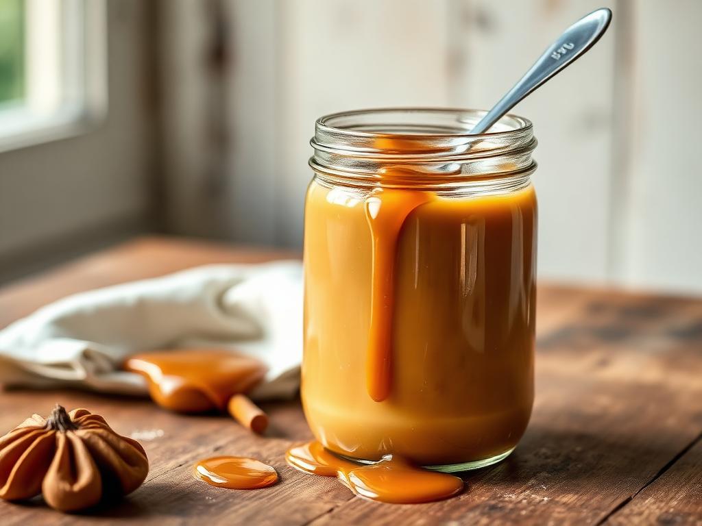 Doce de Leite Sem Açúcar e Sem Glúten Pote de vidro com doce de leite sem açúcar e sem glúten cremoso e colher