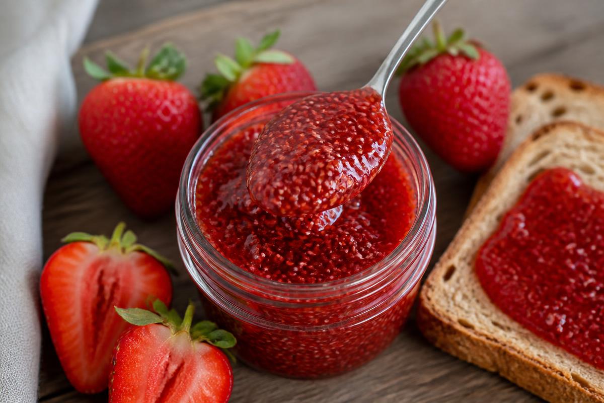 Geleia Sem Açúcar de Morango (e de Qualquer Fruta) Pote de geleia sem açúcar de morango com chia e colher, ao lado de morangos frescos e fatia de pão