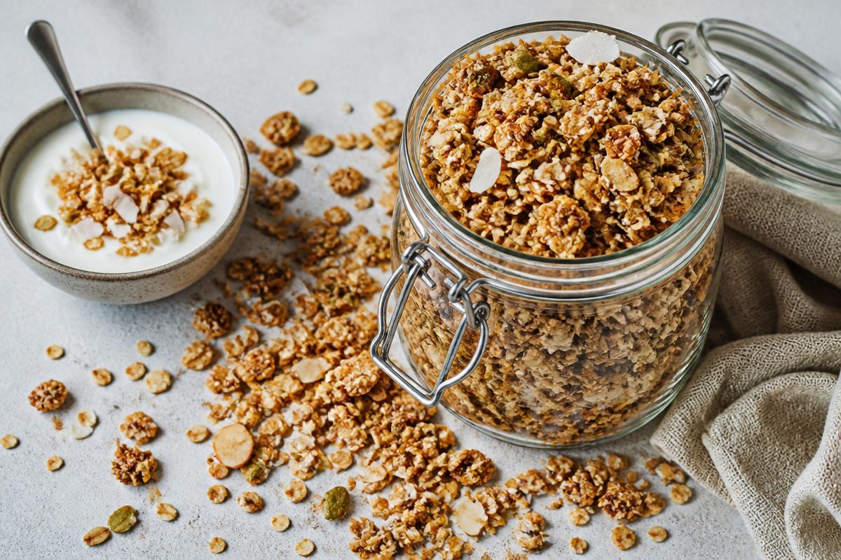 Granola Sem Açúcar e Sem Glúten Caseira Pote de vidro com granola sem açúcar e sem glúten crocante ao lado de tigela de iogurte natural