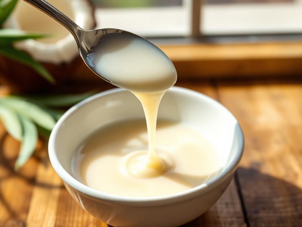 Leite Condensado de Coco Sem Açúcar e Sem Glúten Leite condensado de coco sem açúcar e sem glúten escorrendo de uma colher para uma tigela branca