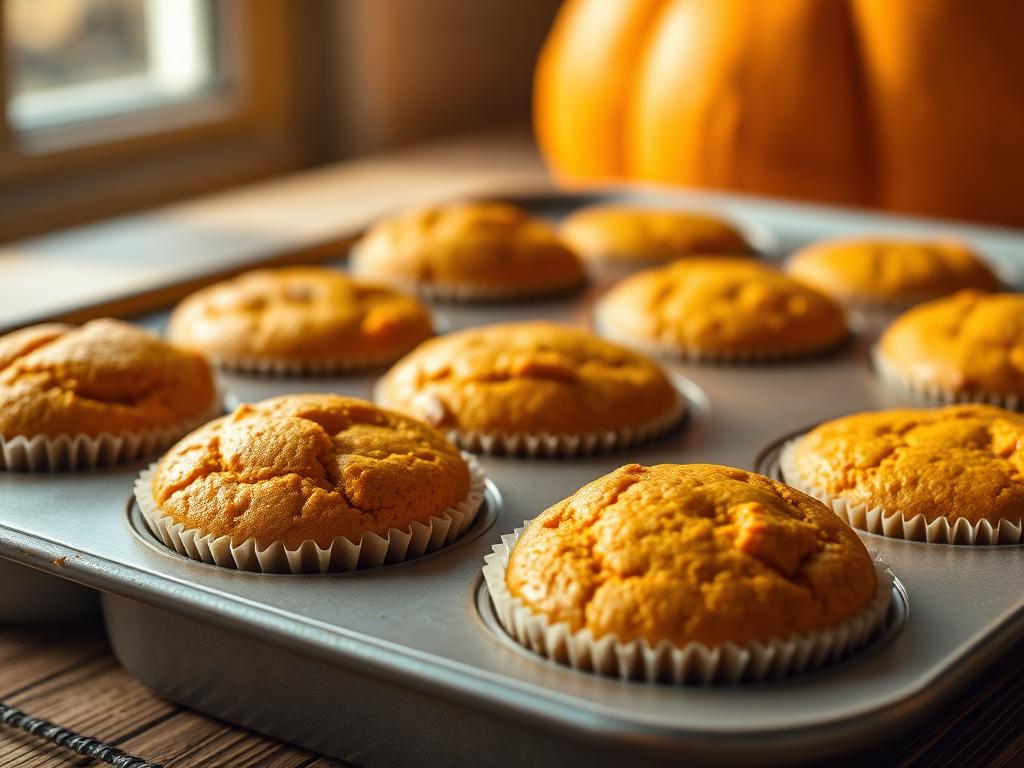 Muffin Doce de Abóbora Sem Açúcar e Sem Glúten Muffins doces de abóbora sem açúcar e sem glúten dourados em forma de cupcakes