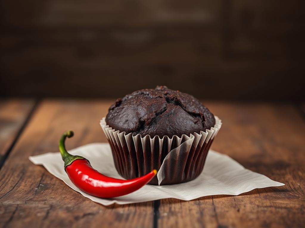 Muffin de Chocolate com Pimenta Sem Açúcar e Sem Glúten Muffin de chocolate com pimenta sem açúcar e sem glúten ao lado de uma pimenta vermelha