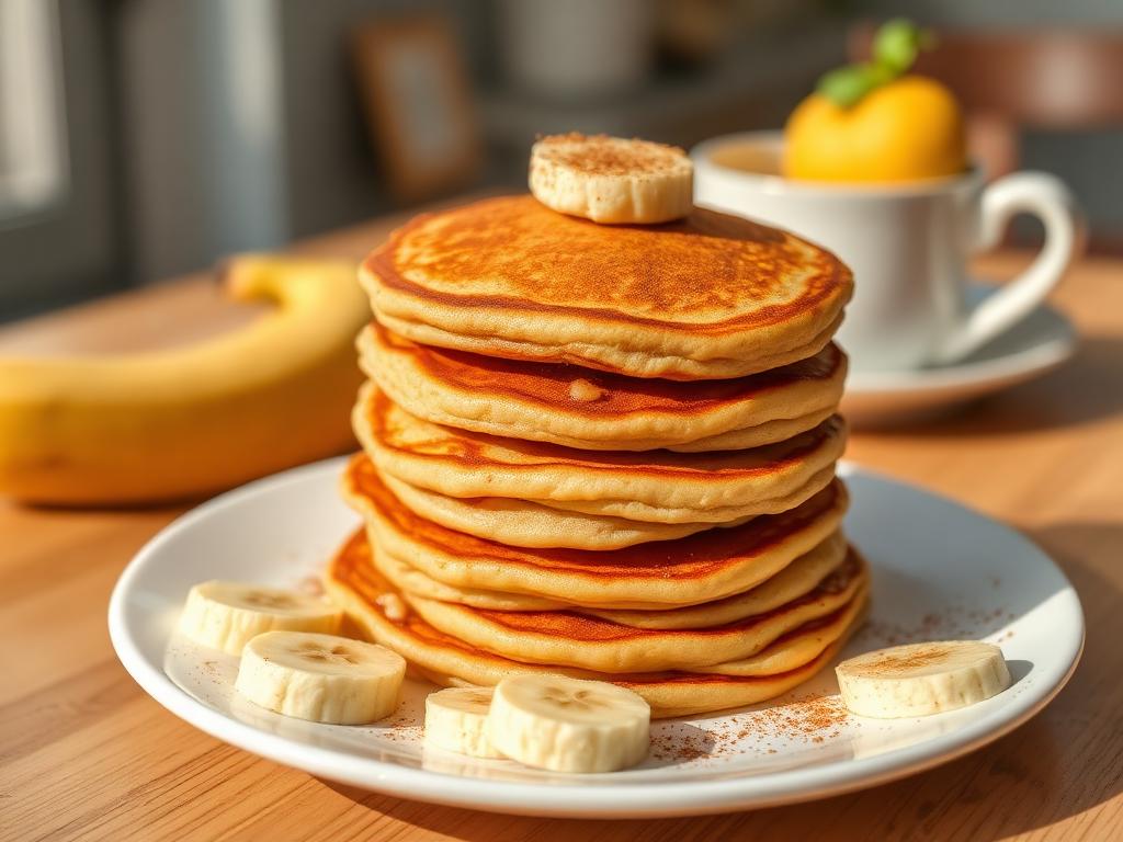 Panqueca de Banana Sem Açúcar e Sem Glúten Pilha de panquecas de banana sem açúcar e sem glúten com rodelas de banana e canela