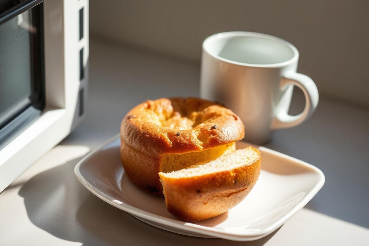 Pão de Berinjela de Microondas Sem Glúten e Sem Açúcar Pão de caneca de berinjela sem glúten fatiado em prato branco ao lado de uma xícara