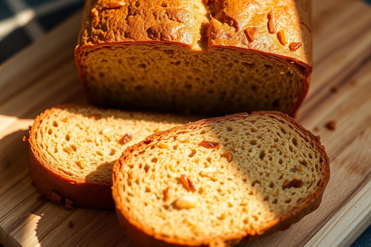 Pão de Amendoim Sem Glúten e Sem Açúcar Pão de amendoim sem glúten fatiado sobre tábua de madeira com miolo aerado