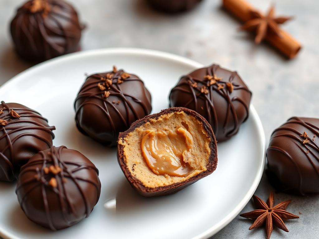 Pão de Mel Low Carb Sem Açúcar e Sem Glúten Pães de mel low carb sem açúcar e sem glúten cobertos com chocolate, um deles cortado mostrando o recheio