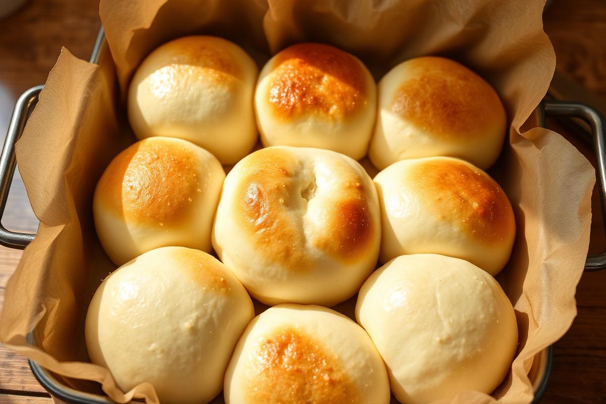 Pão de Nuvem Sem Glúten e Sem Açúcar Pães de nuvem sem glúten dourados dispostos em círculo em forma forrada com papel-manteiga