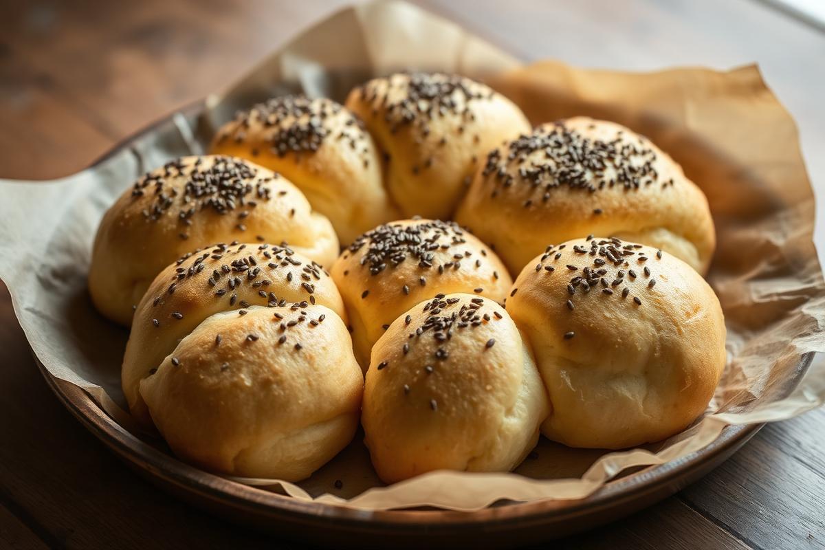 Pão Oopsie Sem Glúten e Sem Açúcar Pães oopsie sem glúten dourados com sementes de chia por cima em travessa forrada com papel-manteiga