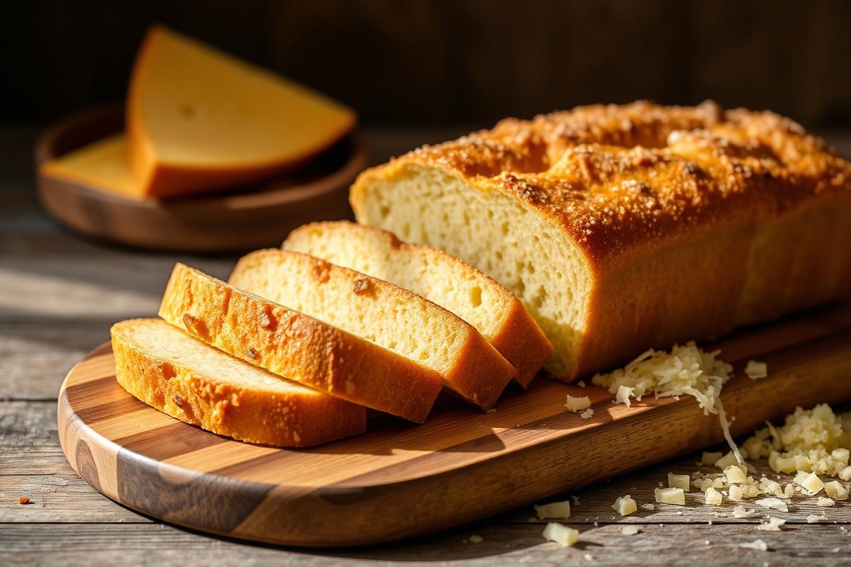 Pão Parmesão Sem Glúten e Sem Açúcar Pão de parmesão sem glúten fatiado em tábua com queijo ralado ao lado