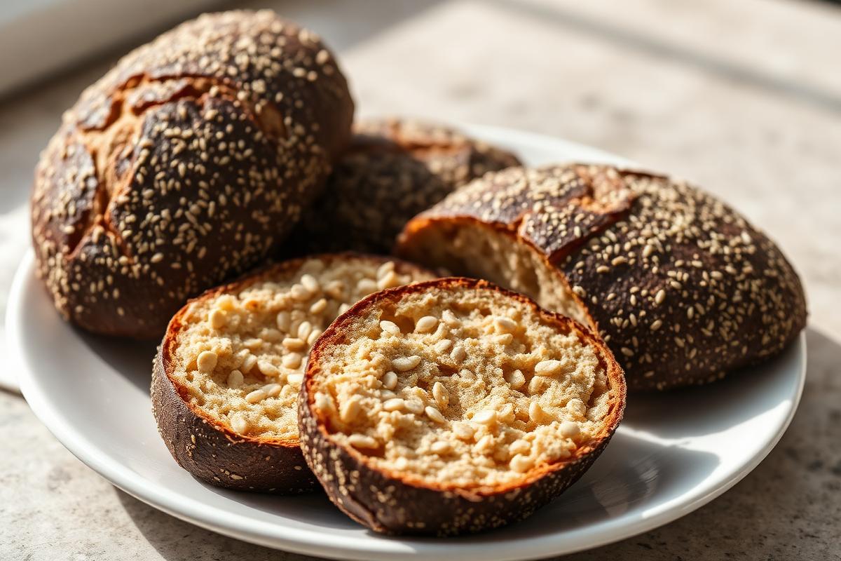 Pão com Psyllium Sem Glúten e Sem Açúcar Pãezinhos rústicos com psyllium sem glúten cobertos de gergelim, um deles partido ao meio