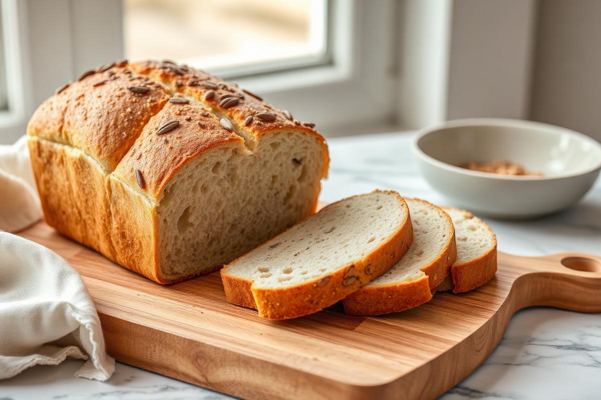 Pão Sem Glúten Fácil e Sem Açúcar Pão sem glúten caseiro fatiado sobre tábua de madeira, com casca dourada e miolo fofinho