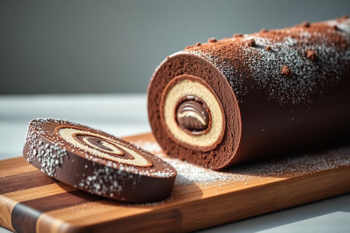 Rocambole de Chocolate Sem Açúcar e Sem Glúten Rocambole de chocolate sem açúcar e sem glúten cortado mostrando o recheio cremoso em espiral
