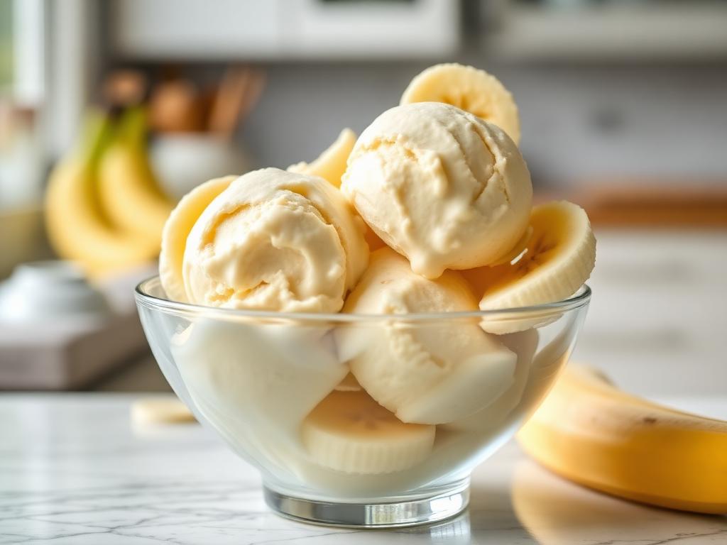 Sorvete de Banana Sem Açúcar e Sem Glúten Taça de vidro com bolas de sorvete de banana sem açúcar e sem glúten