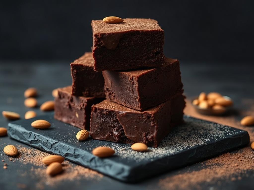 Suflê de Chocolate Sem Açúcar e Sem Glúten Pedaços de suflê de chocolate sem açúcar e sem glúten empilhados com amêndoas