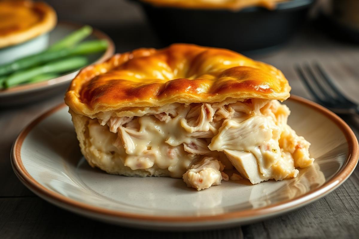 Torta de Frango Sem Glúten e Sem Açúcar Fatia de torta de frango sem glúten com recheio cremoso servida em prato